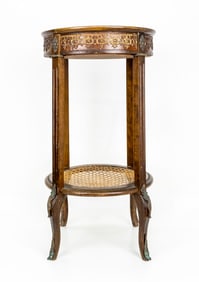 Vintage Round Marquetry Carved Wood Side Table or Plant Stand