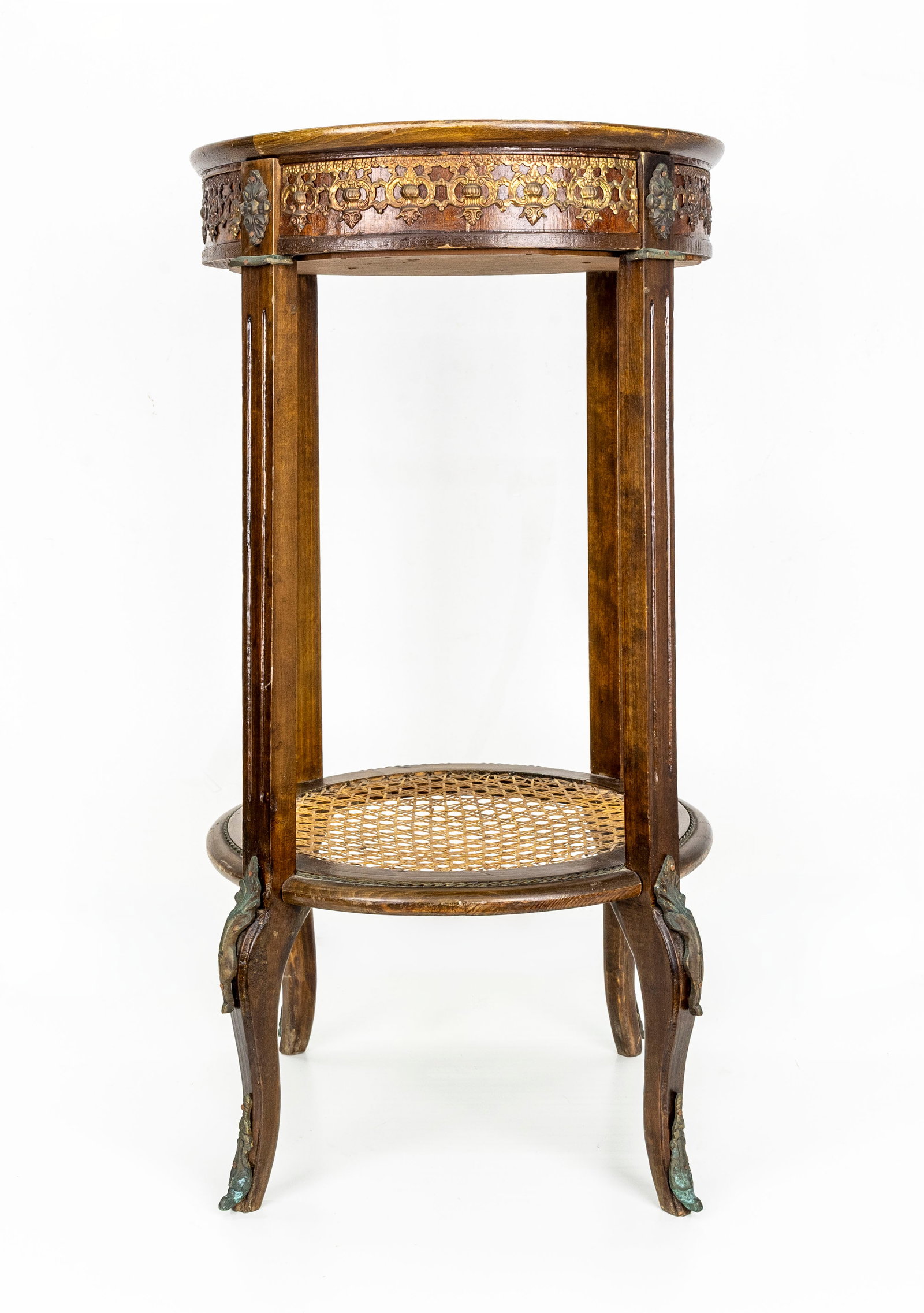 Vintage Round Marquetry Carved Wood Side Table or Plant Stand: Description: A vintage round marquetry and carved wood side table or plant stand. The apron features intricate carved floral and geometric motifs. The legs are cabriole style with applied gilt bronze 