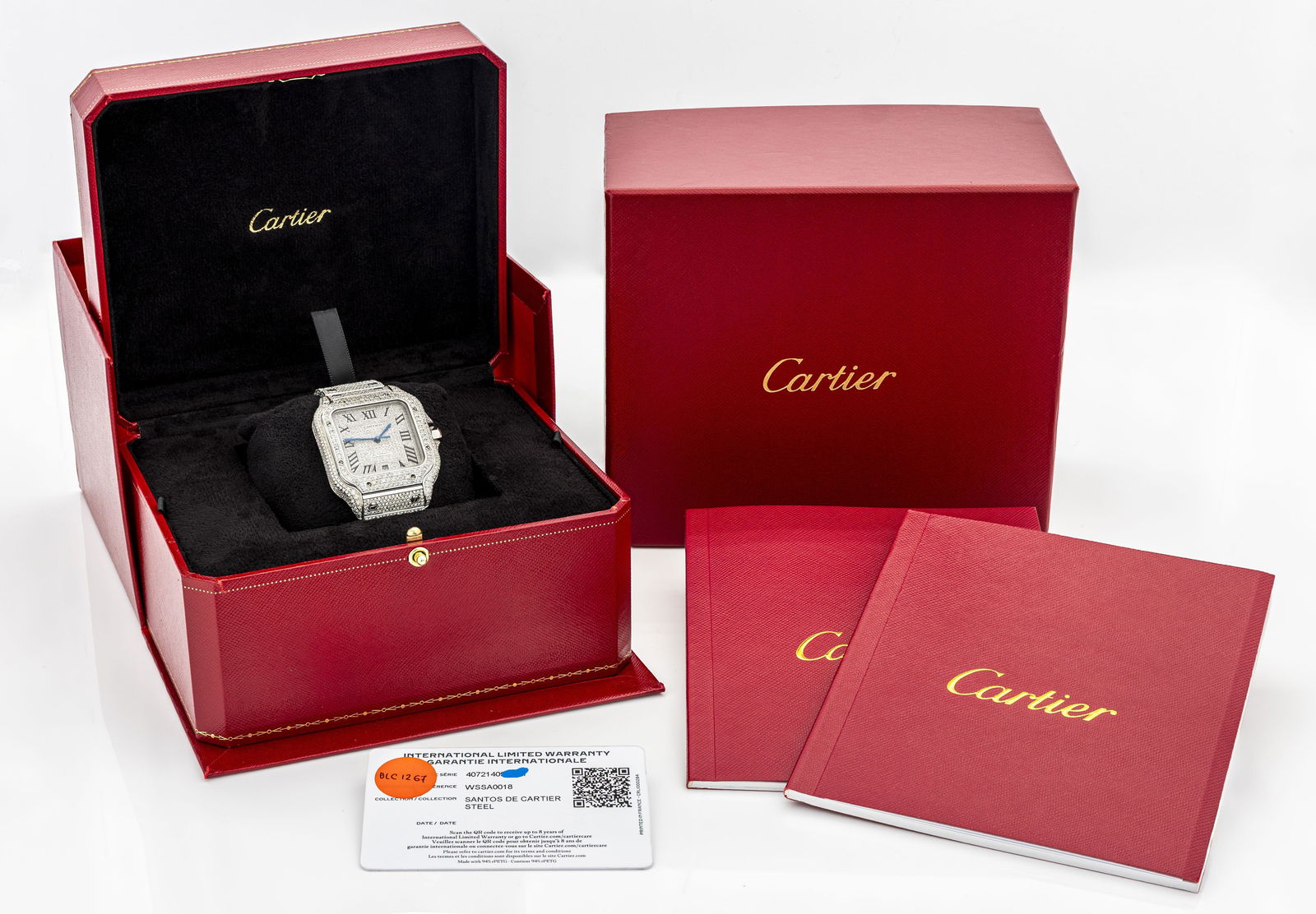 Santos de Cartier Large 41mm WSSA0018 Iced Out approx.tw 28 ct Pave-Set custom Diamonds: Brand: Cartier Model: Santos de Cartier Large Model Material: approx. 29.28 CT Pave-Set Natural Diamonds, Stainless Steel, fully aftermarket pave-set with diamonds (case, dial, and bra