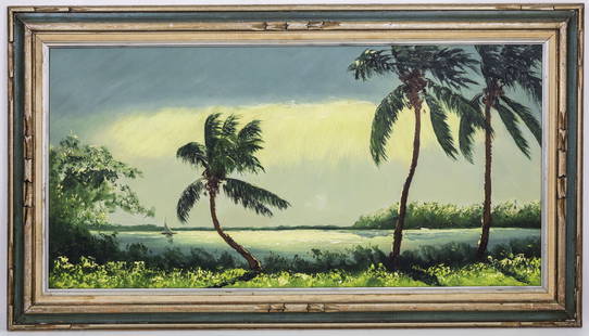 Sam Newton (American, b. 1948) Florida Highwaymen Artist, Oil on Upson Board Painting: Artist, Year, Title: Sam Newton (American, b. 1948), Untitled Florida Landscape Origin: USA, Florida Medium: Oil on Upson Board Dimensions: With frame: 48 x 25 i