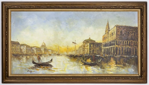 Lovey Artist, Oil on Canvas Painting, Venetian Gondolas at Sunset
