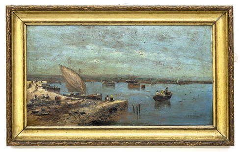 Attilio Pratella (Italian, 1856-1949) Neapolitan Harbor Scene, Oil on wood Painting: Title: Neapolitan Harbor Scene – Attilio Pratella (Italian, 1856–1949) Description: A beautifully detailed oil on wood panel painting depicting a serene Neapolitan harbor scene, attributed to accl