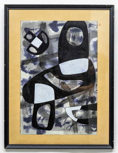 Serge Poliakoff (Russian/French, 1900-1969) Abstract Composition, Mixed Media on Cardboard: Title: Abstract Composition – Serge Poliakoff (Russian/French, 1900–1969) Description: A striking mid-century mixed media on cardboard composition attributed to Serge Poliakoff, one of the leading