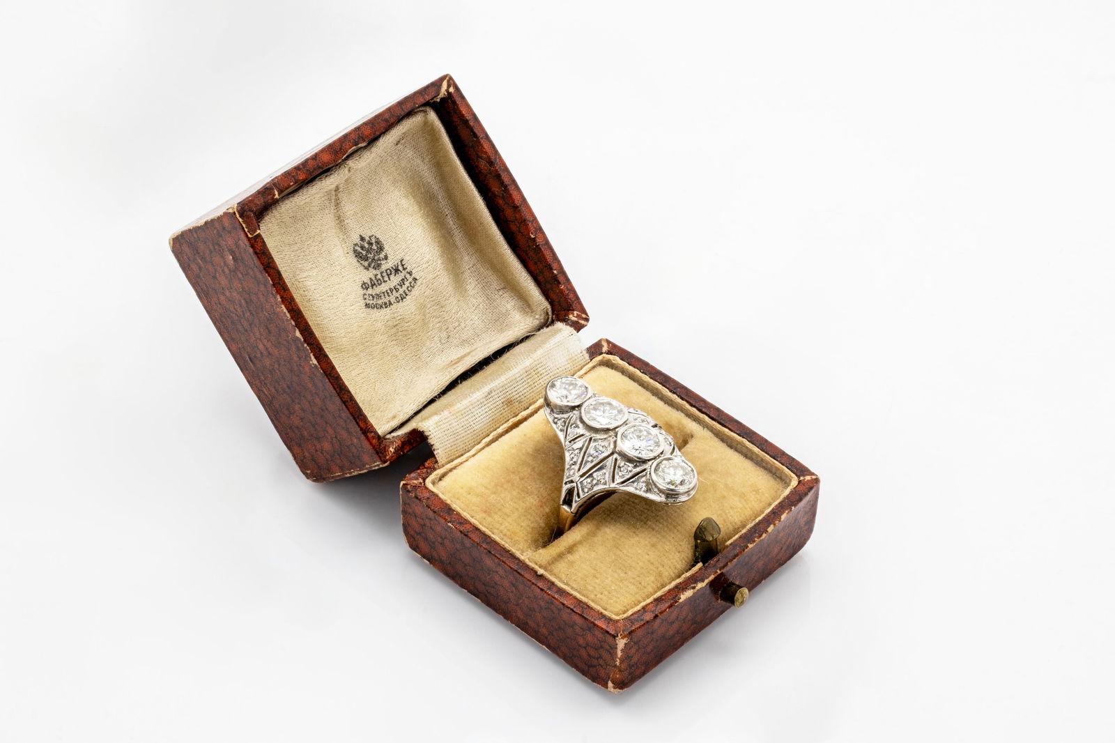 Russian Antique 14K Gold Diamond 2ctw Ring Faberge Era: Title: Russian Antique 14k Gold Diamond 2ctw Ring Faberge era.Description: Elegant Ring 4 bezel-set old European cut diamonds in a gold openwork mount over yellow gold shank