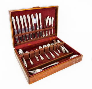 Vintage Assorted Silver-Plated Flatware Set in J.B. Hudson Co. Anti-Tarnish Chest 54 Pieces: Title: Vintage Assorted Silver-Plated Flatware Set in J.B. Hudson Co. Anti-Tarnish Chest – 54 PiecesDescription: A charming vintage assortment of silver-plated flatware and serving utensils