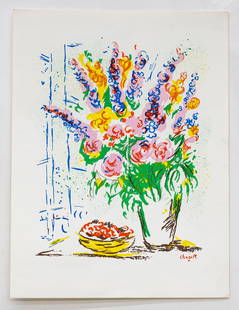 Marc Chagall (Russian-French, 1887-1985) Still Life Flowers&Fruit Bowl, Lithograph: Artist, Title: Marc Chagall (Russian-French, 1887–1985), Still Life with Flowers and Fruit Bowl Medium: Color lithograph (unnumbered) Signature: Printed “Chagall&rdquo; lower right (no