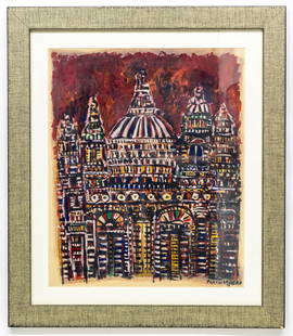 Rene Portocarrero (Cuban, 1912-1985), La Catedral Fantastica, Mixed Media on paper: Artist, Title: Rene Portocarrero (Cuban, 1912–1985) La Catedral Fantástica Medium: Gouache or watercolor on paper Signature: Signed and dated lower right, "Portocarrero 72"