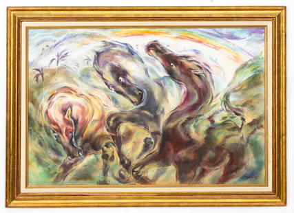 Carlos Enriquez (Cuban, 1900-1957) Horses in Motion, Oil on Canvas: Artist, Title: Carlos Enríquez Gómez (Cuban, 1900–1957), Caballos en Movimiento (Horses in Motion) Medium: Oil on canvas Signature: Signed lower right Dimensions: