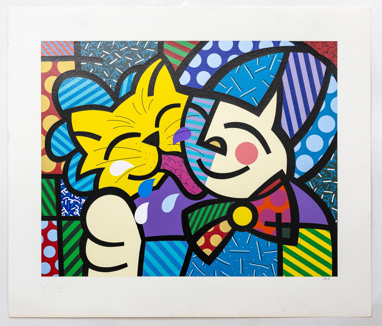 Romero Britto (Brazilian, b. 1963) Boy with Cat, Color serigraph on wove paper: Artist: Romero Britto (Brazilian, b. 1963) Title: Boy with Cat (commonly referenced title) Medium: Color serigraph on wove paper Dimensions: 24.5 x 21 in (62.2 x