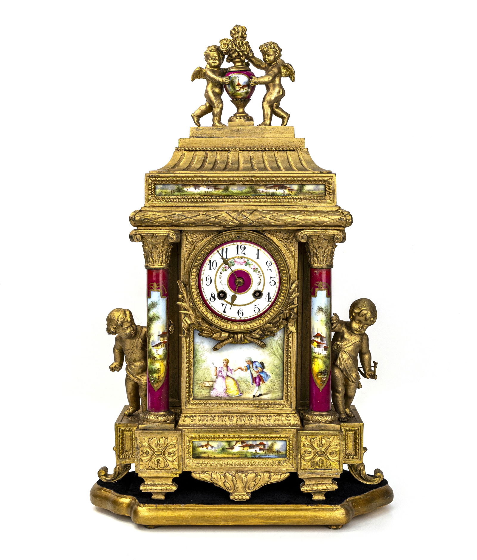 French Painted Porcelain & Ormolu Mantel Clock with Cherub Figures. C. 1890 (1 of 10)