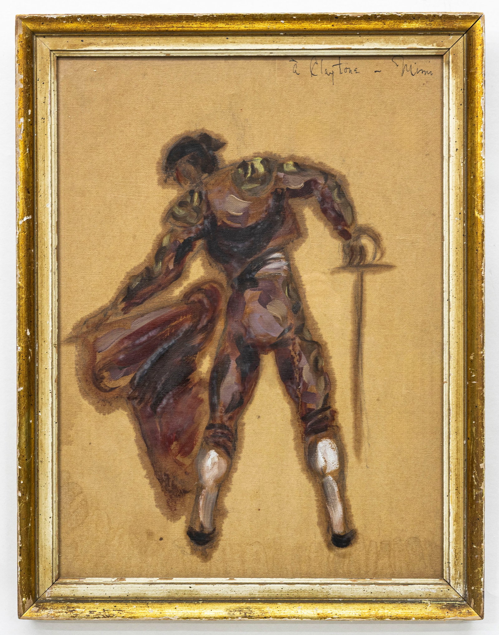 Sign "A Claytone - Mimi", Matador with Cape, Mixed Media on Canvas Painting: Artist, Year, Title: Spain Artist, possibly early-mid 20th century, Matador with Cape Origin: Possibly Spain or Latin America Medium: Mixed Media on canvas, possibly mixed media