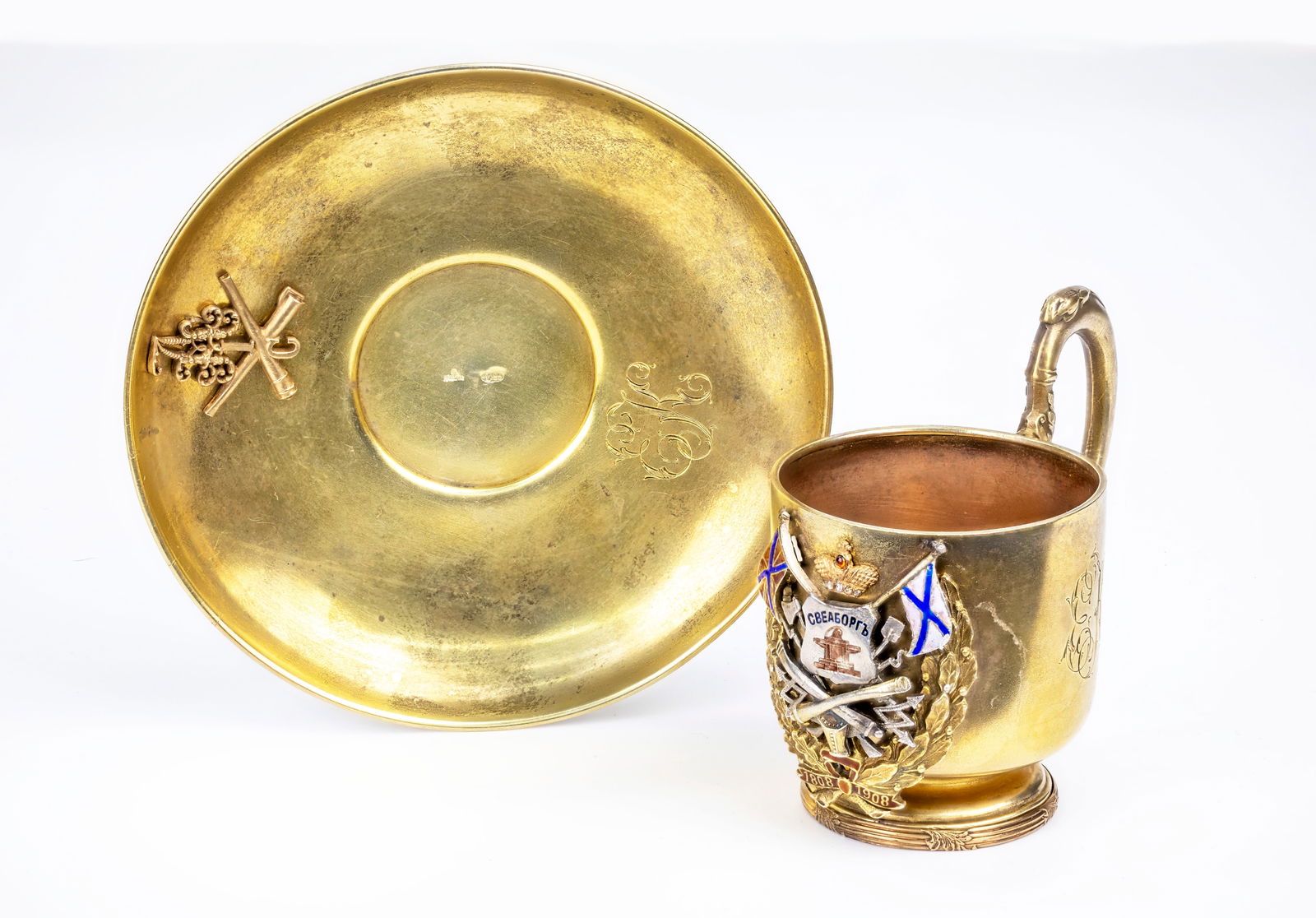 Russian Antique Russian Faberge Era Gilt Silver & Enamel Cup and Saucer: Title: Imperial Russian Faberge Era Gilt Silver and Enamel Naval Presentation Cup and Saucer Date: Dated 21.V.1919 (May 21, 1919) Dimensions: Cup: approx. 3 x 5 in (7.6 x 12.7 cm); Sau