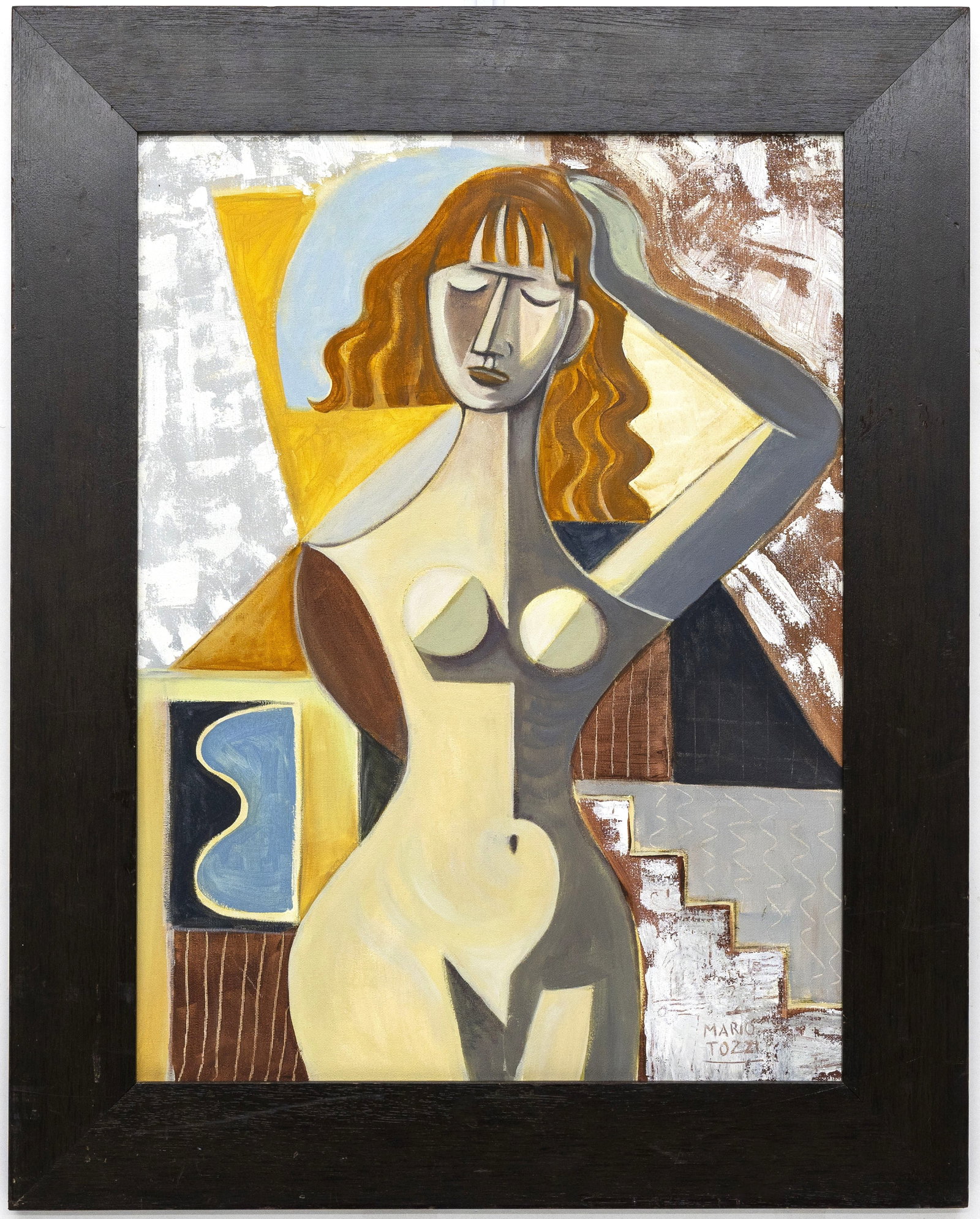 Mario Tozzi (Italian) Female Nude in Interior, Oil on Canvas Painting: Artist, Year, Title: Mario Tozzi (Italian, 1898–1979) Female Nude in Interior, Mid-20th century Origin: Italian Medium: Oil on canvas, framed in a dark wood frame. Dimens