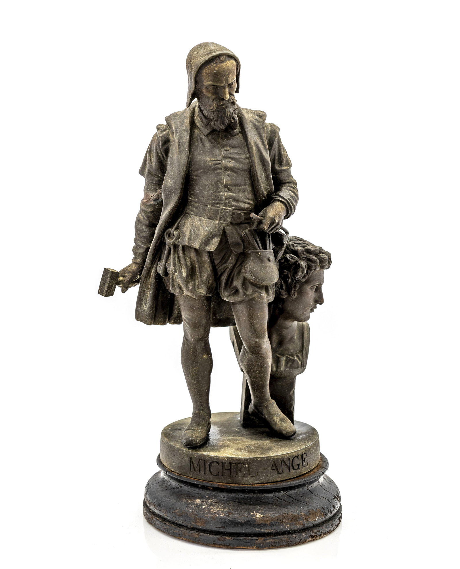 Figure of Michelangelo (Michel-Ange), French Decorative Sculpture, ca. 1880-1920: Title: Figure of Michelangelo (Michel-Ange), French Decorative Sculpture, ca. 1880-1920 Description: A patinated spelter sculpture depicting the Renaissance master Michelangelo (Michel-Ange), shown in