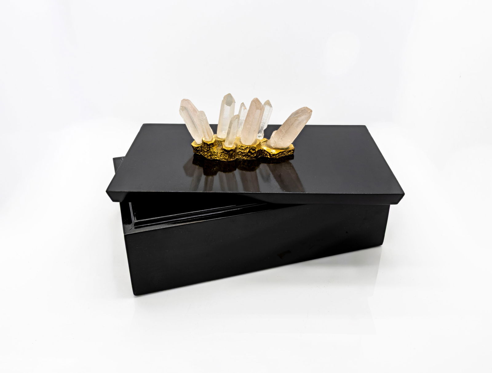 John-Richard Black Lacquer Decorative Box with Quartz Crystal Cluster (1 of 5)