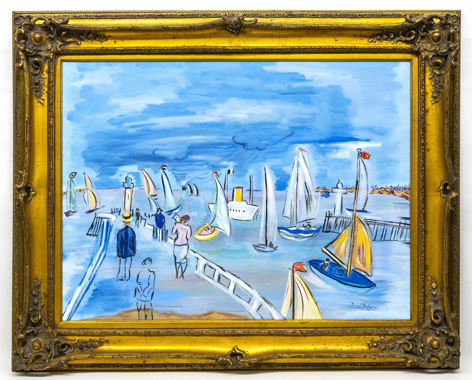 Attr to Raoul Dufy (French) Harbor Scene with Sailboats, Oil on Canvas Painting (1 of 4)