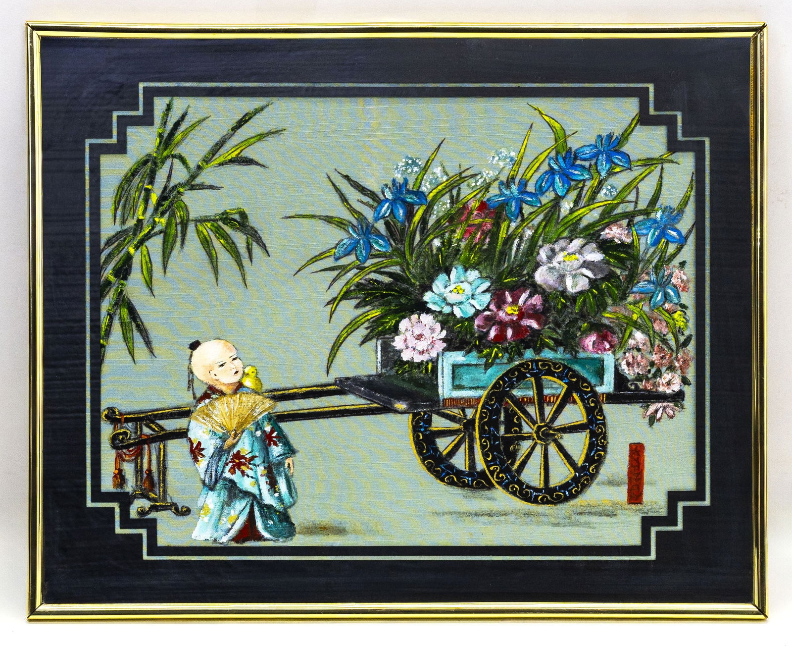 Takeshita Kin'u (Japanese, 1930-1950), Floral Cart with Child, Acrylic on fabric: Artist, Year, Title: Takeshita Kin’u (Japanese, active circa 1930s–1950s), Floral Cart with Child Medium: Acrylic on fabric (painted textile), framed Dimensions: Framed 16" x 20"