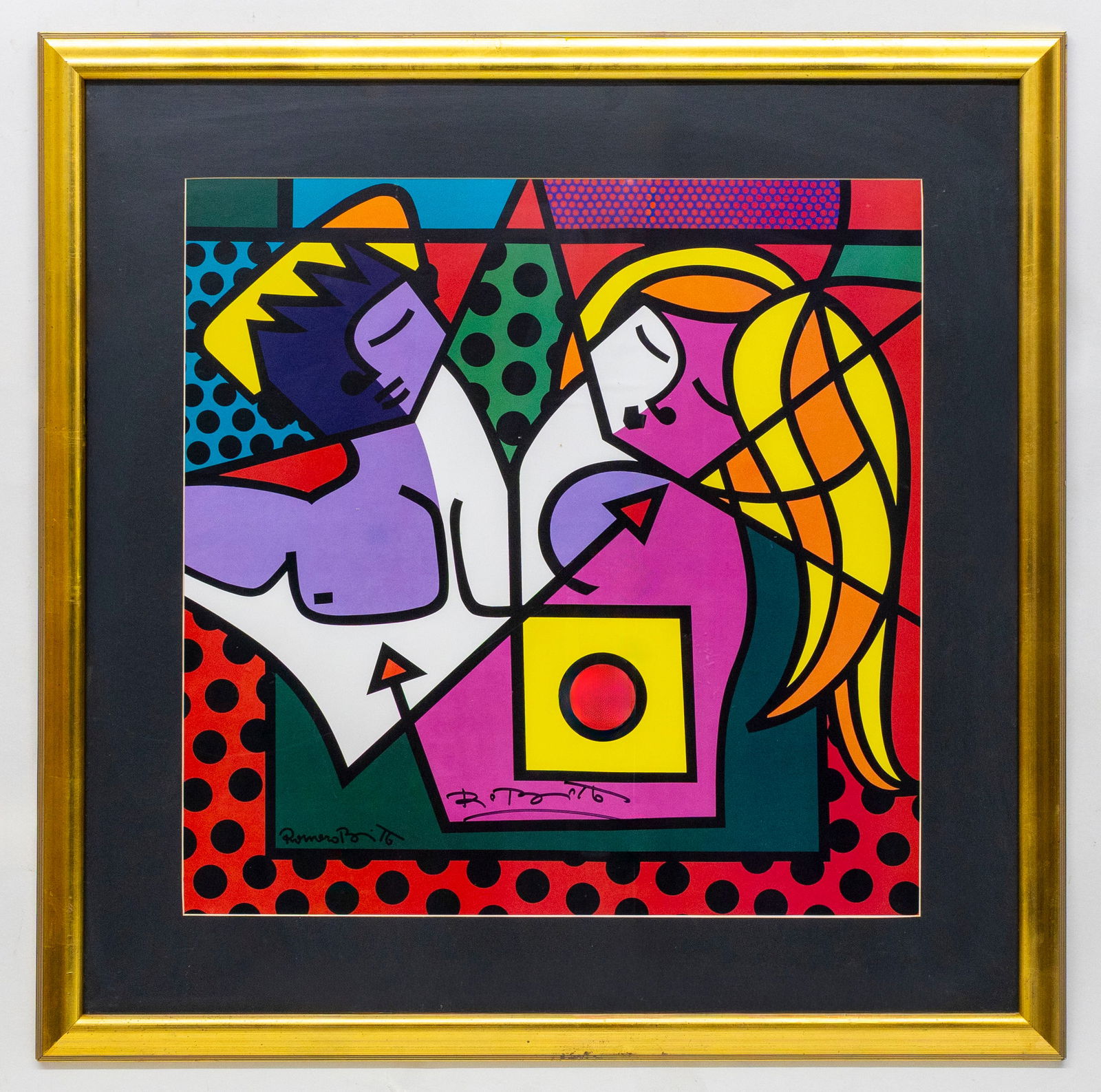 Romero Britto (Brazilian-American, b. 1963), Couple, 1976, Hand-Sign Print: Artist, Year, Title: Romero Britto (Brazilian-American, b. 1963), Couple, 1976 Medium: Color offset print with hand-signed signature Dimensions: Framed 35" x 35" Pr