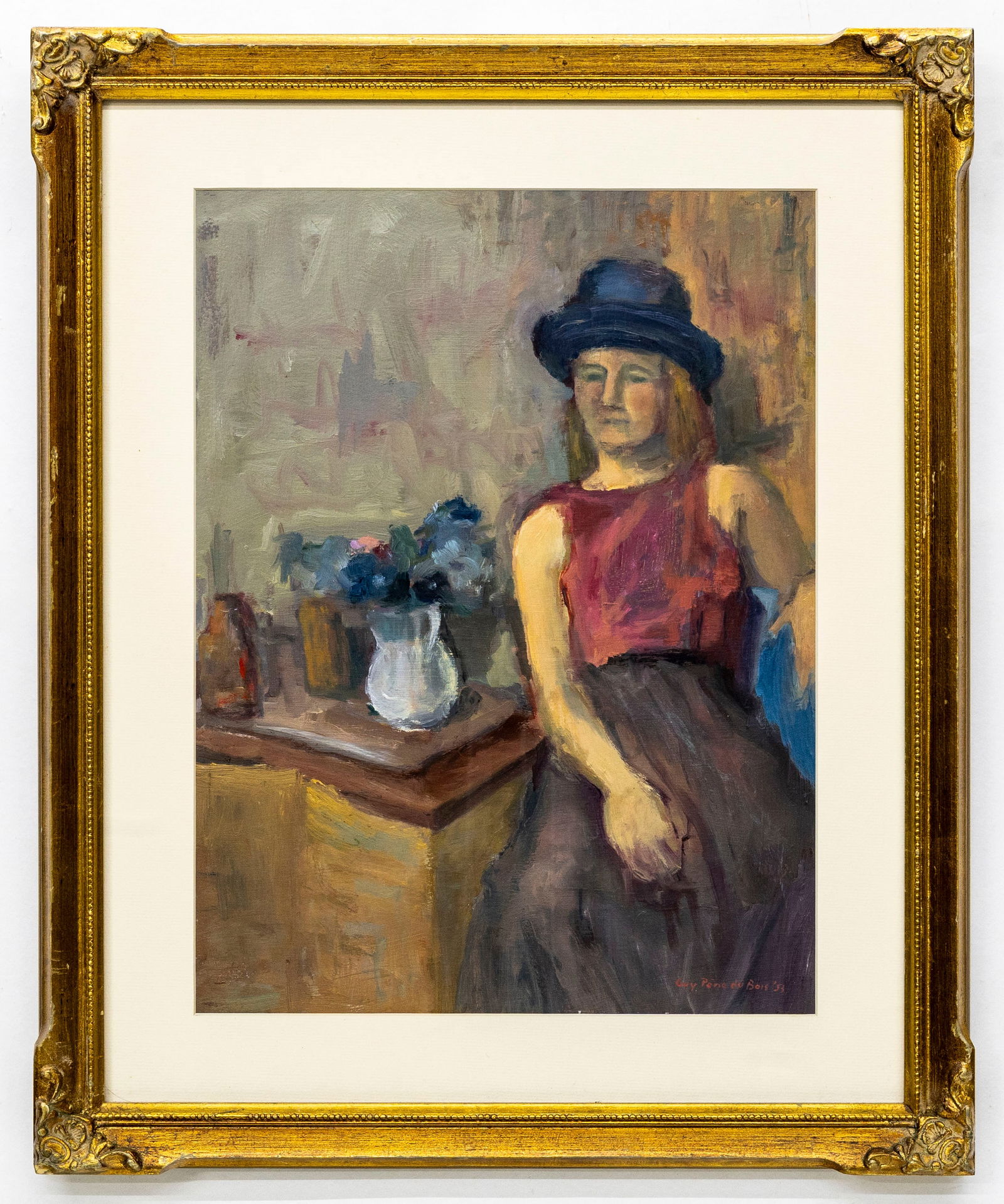 Guy Pene du Bois (American, 1884 - 1958) Seated Woman with Hat, 1953, Oil on Board: Artist, Year, Title: Guy Pène du Bois (American, 1884–1958), Seated Woman with Hat, 1953 Medium: Oil on canvas Dimensions: Framed 18.5" x 22" Provenance: