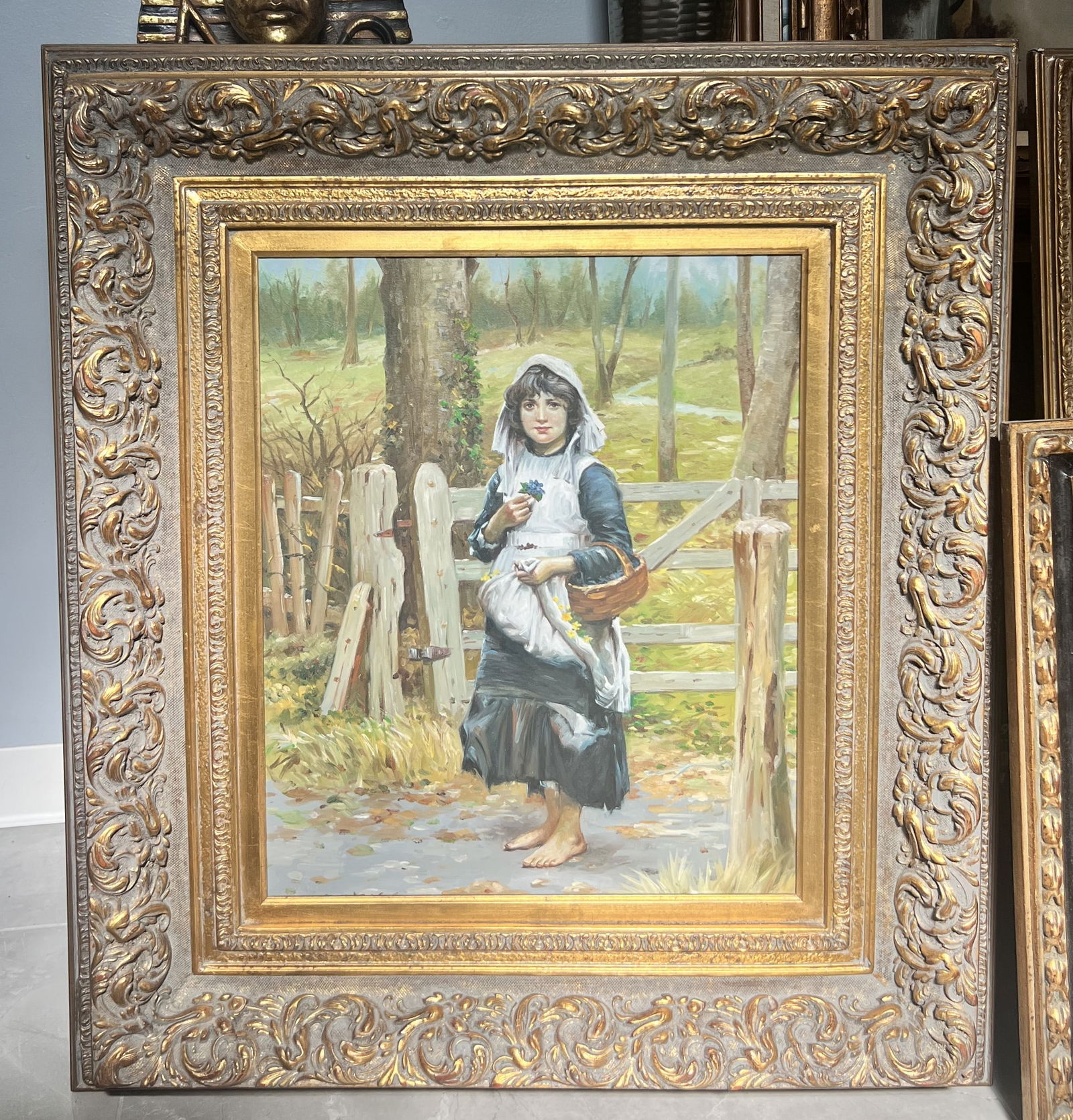 In the style of Henry James Johnstone, Barefoot Girl in Woodland, Oil on Canvas Painting (1 of 5)
