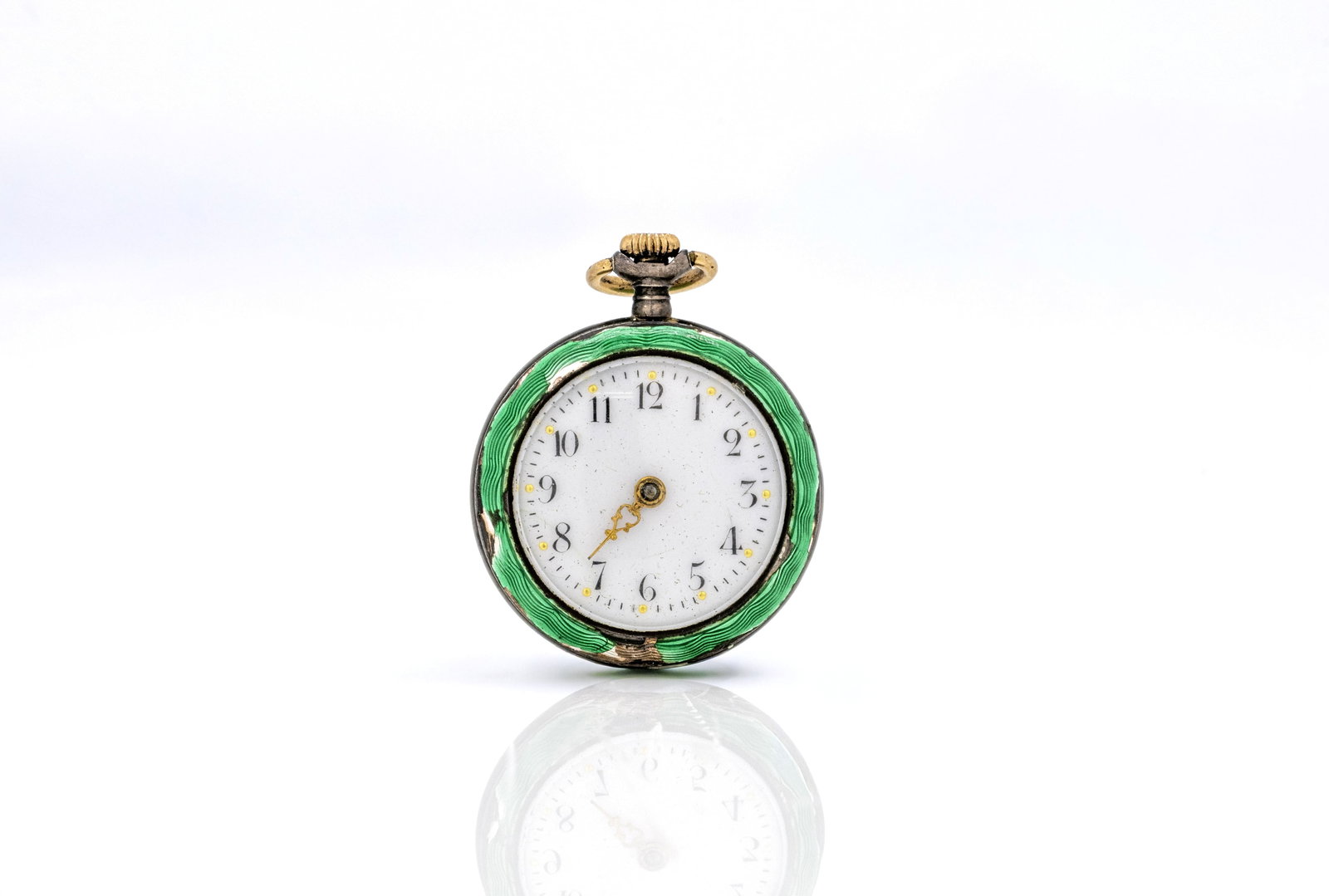 Antique Pocket Watch with Green Enamel Bezel: Title: Rare Antique Victorian Green Floral Guilloché Fob Pocket Watch / Pendant Origin, Year: Victorian Era, Europe (likely Switzerland or Austria), circa 1880–1900 Material: Silver or