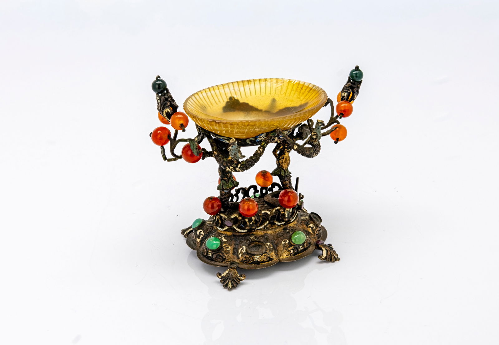 Italian Gilt Metal & Stone-Inlaid Decorative Centerpiece with Carved Agate Bowl (1 of 9)