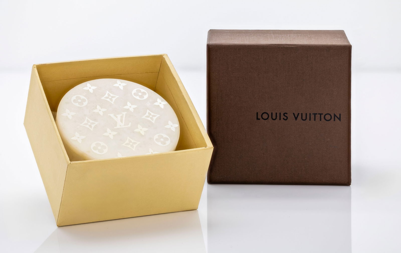 Louis Vuitton Monogram Soap Dish with Lid: Title: Louis Vuitton Monogram Soap Dish with Lid — Embossed Logo, in Original Box Brand / Maker: Louis Vuitton, Paris Period / Year: Contemporary Origin: M