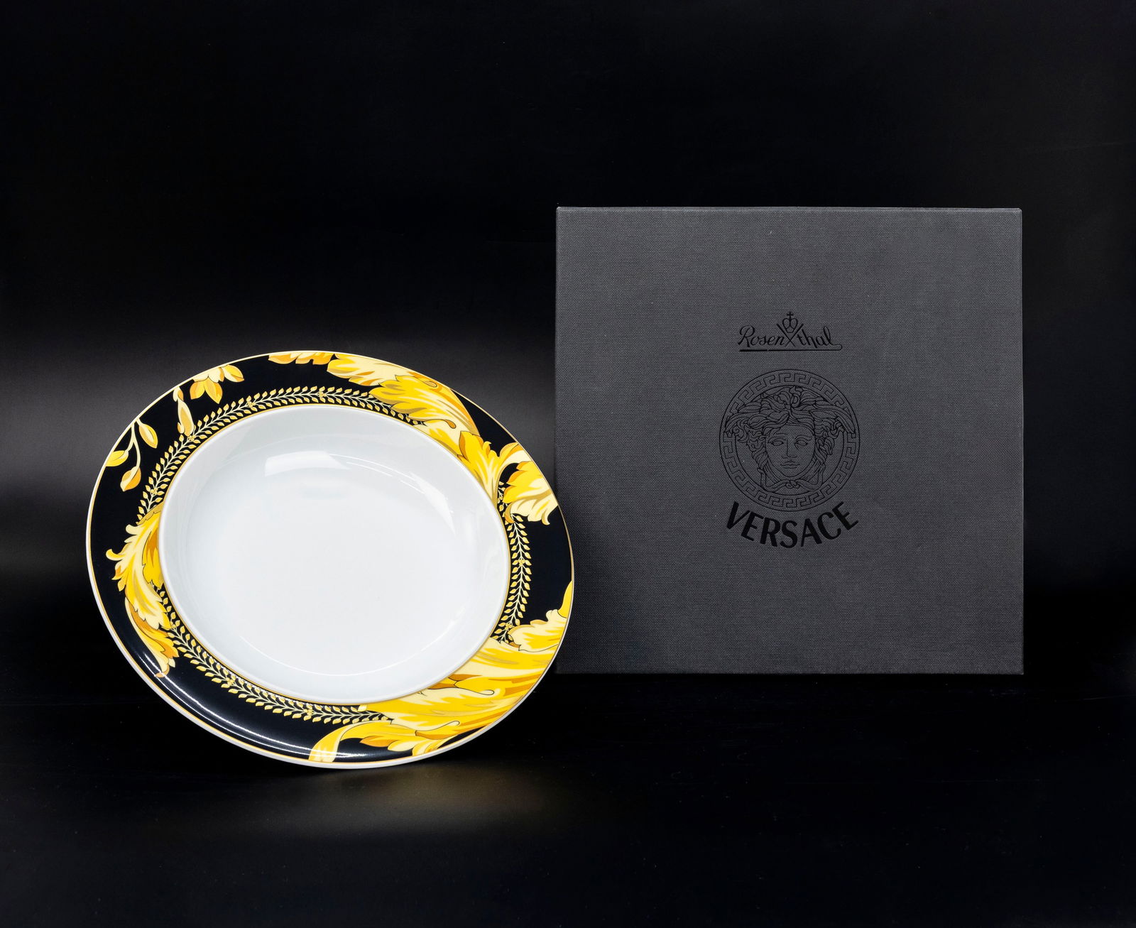 Versace x Rosenthal "Vanity" Porcelain Plate Brand New in Box: Title: Versace x Rosenthal “Vanity” Porcelain Plate. Brand New in Box (Set of 16 Available) Material: Fine porcelain Diameter: 8.75 inches Design: Black &