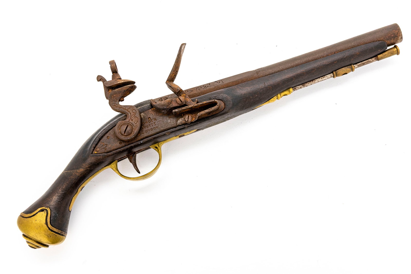 English Flintlock Holster Pistol by Rander & Potts, London, 1780–1810: Title: 18th-Century European Flintlock Dragoon / Officer’s Holster Pistol, 19.5" Origin, Year: Europe (likely Austria or Germany), c. 1760–1820 Material: Steel barrel and lock, engrave