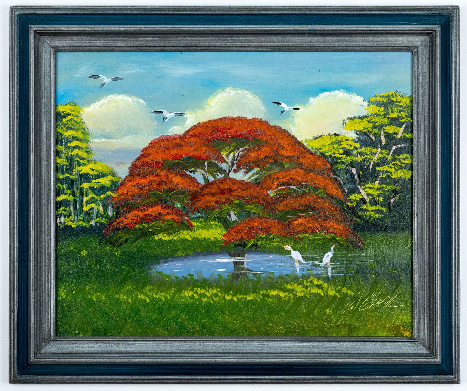 Al Black Florida Highwaymen, Ponciana Tree, Oil on Board: Artist, Year, Title: Al Black (1947), Florida Highwaymen, Purple Jacaranda tree blooming. Origin: Florida Medium: Oil on Masonite. Dimensions: Without frame: 20'