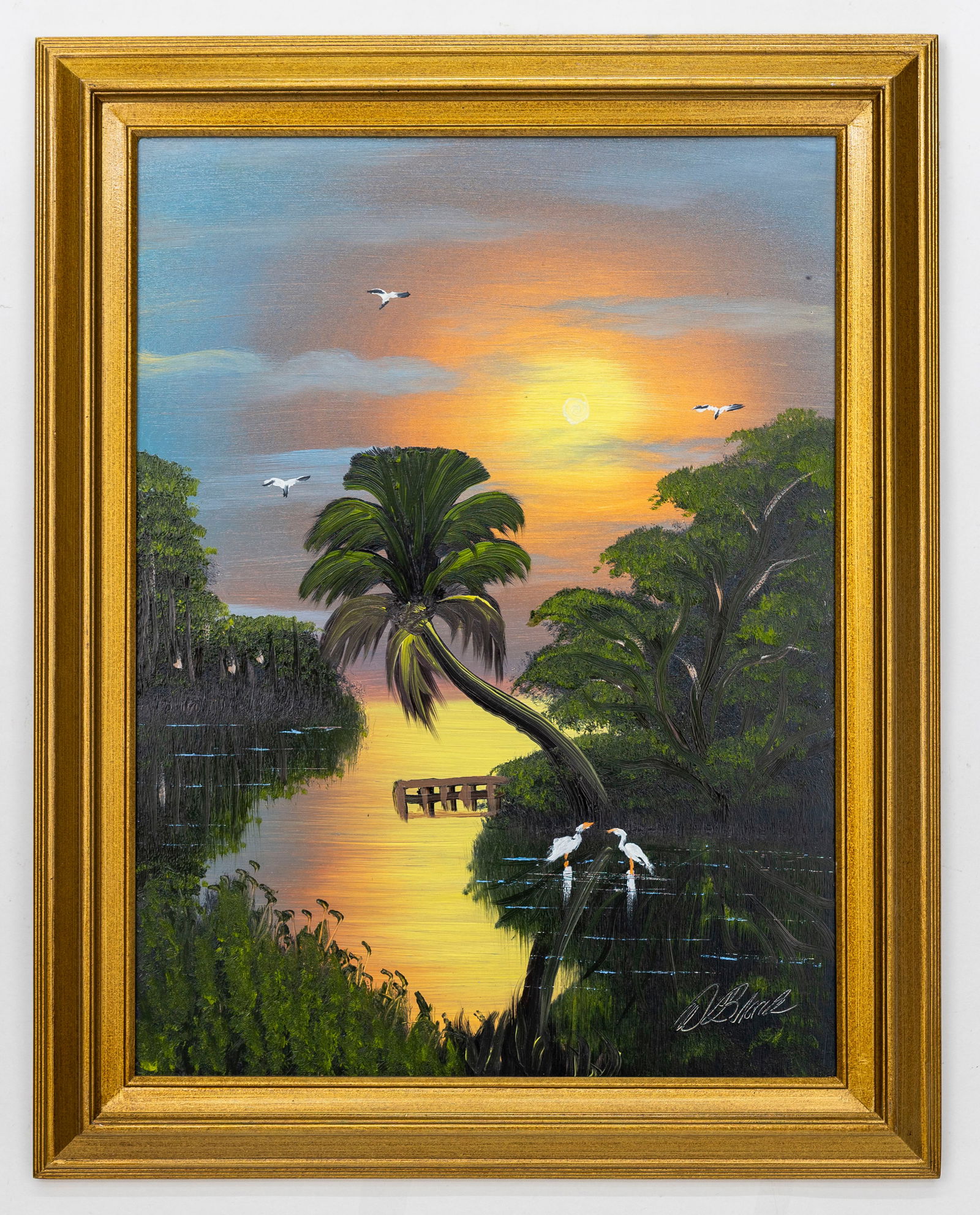 Al Black Florida Highwaymen, Painting Sunset Over the Water, Oil on Board: Artist, Year, Title: Al Black Florida Highwaymen. Sunset over the water. 2025 Origin: Florida, USA. Medium: Oil on Board Dimensions: 23'x29'in Weig