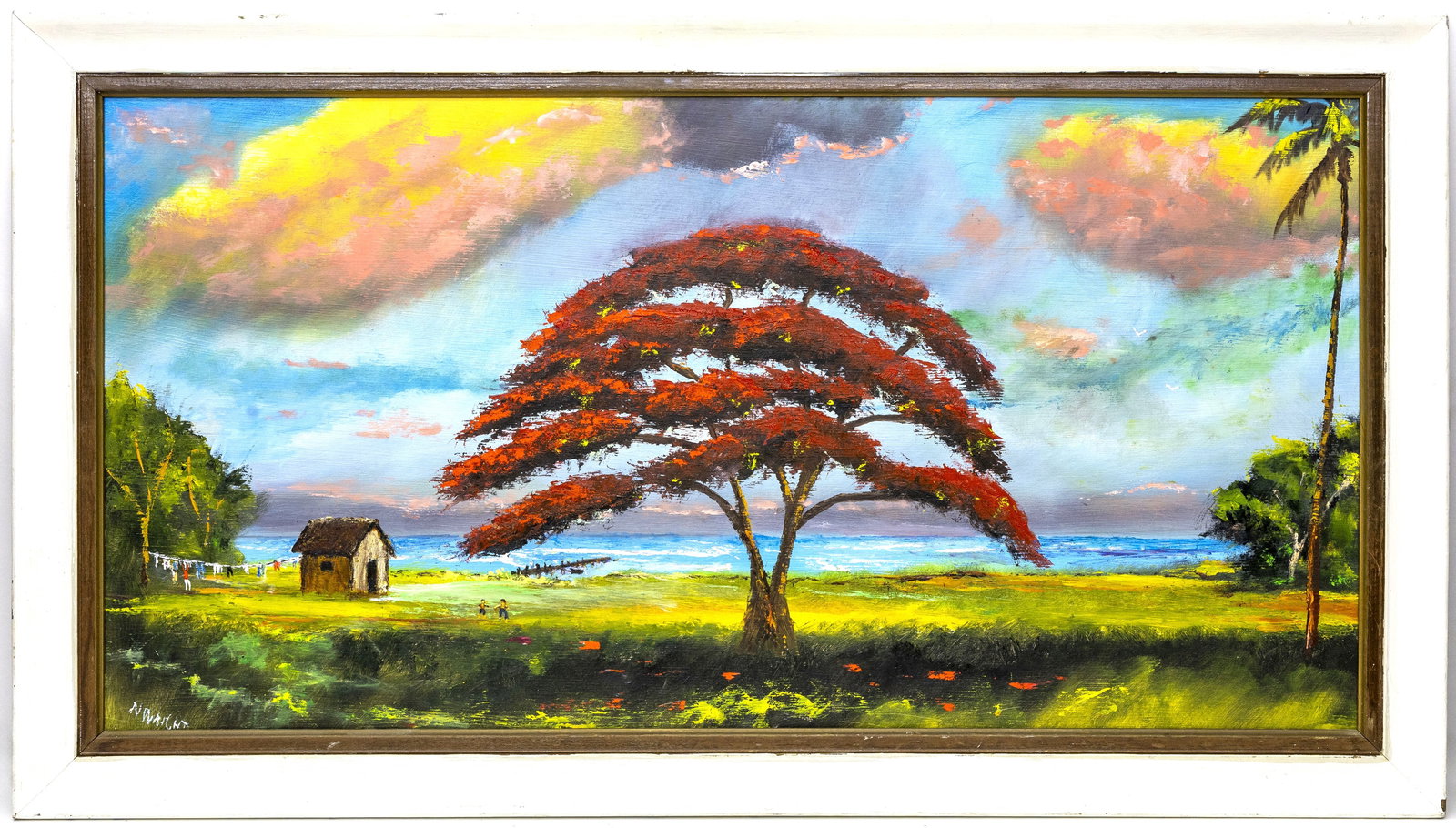 Norman Wright, Florida Highwaymen, Full Poinciana Bloom, Oil on Board (1 of 4)