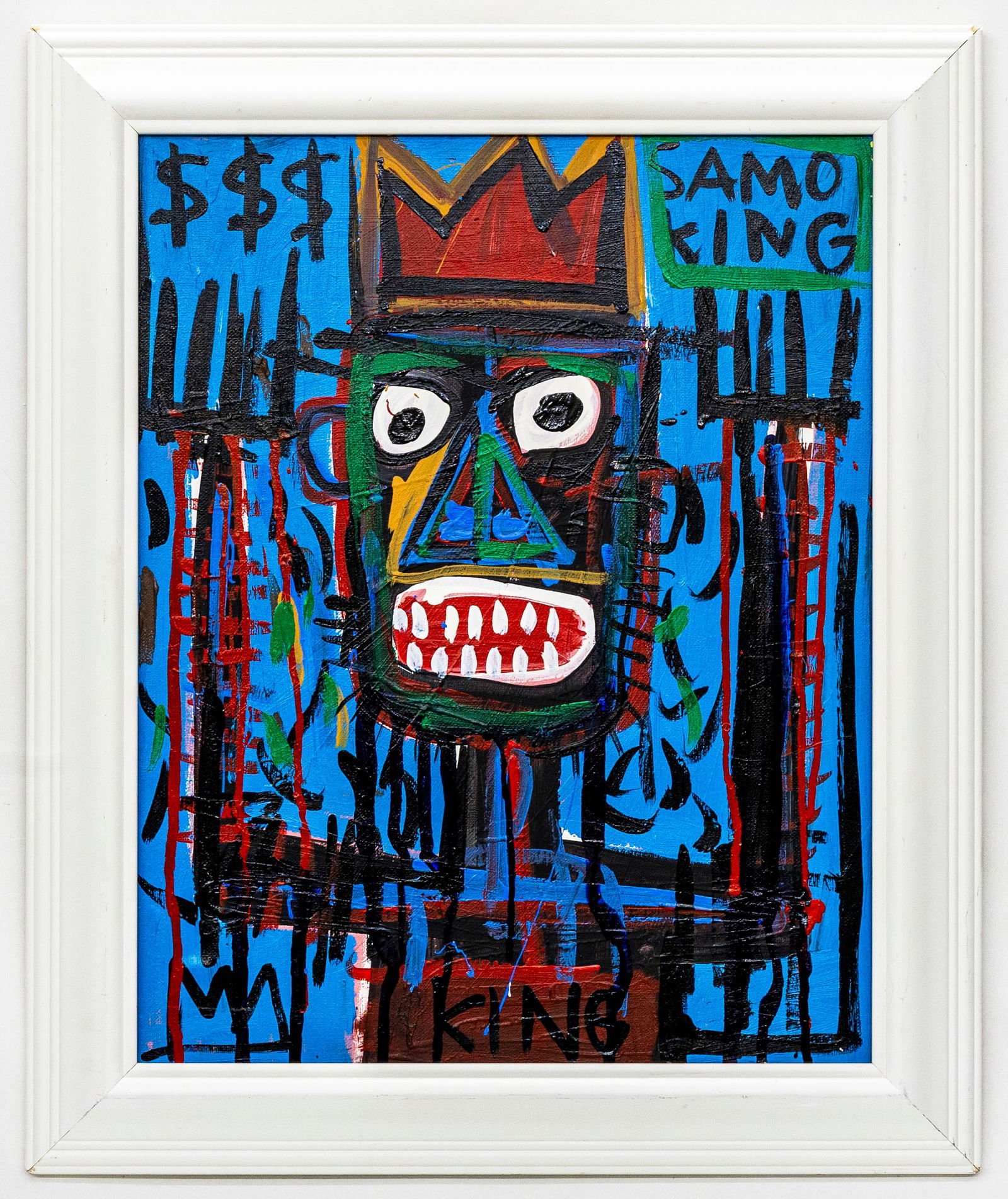 Jean-Michel Basquiat, SAMO King, Acrylic and oil stick on canvas: Artist, Year, Title: Attributed to Jean-Michel Basquiat (American, 1960–1988), SAMO King, ca. 1981s Origin: United States Medium: Acrylic and oil stick on canvas, framed