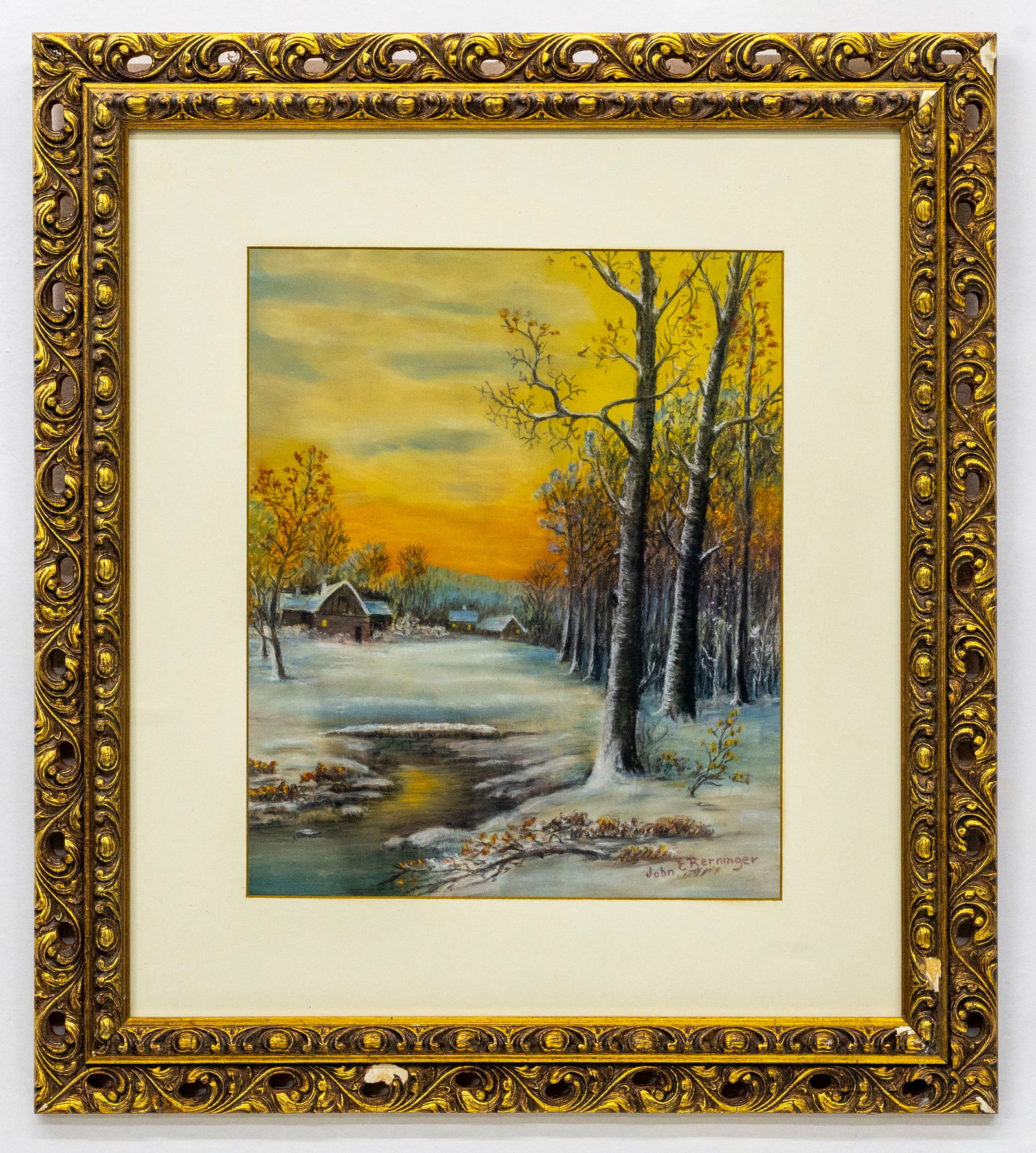 John E. Berninger (American, 1896-1981) Winter Sunset Landscape, Pastel on Paper: Artist, Year, Title: John E. Berninger (American, 1896–1981), Winter Sunset Landscape, mid–20th century Medium: Pastel on paper Dimensions: Framed 19" x 21.5" Provenance: