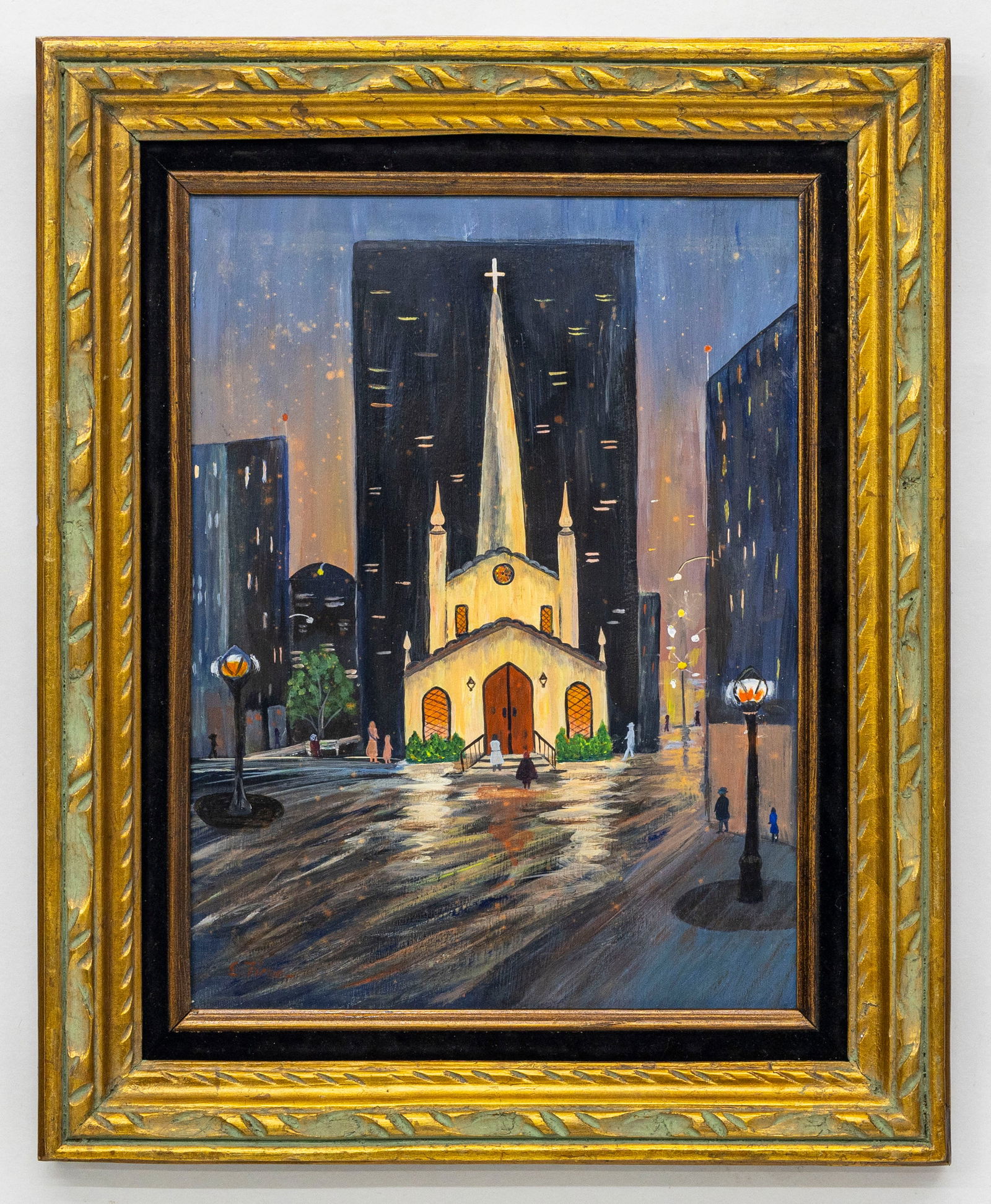 Ernest Fiene (American, 1894-1965) City Church at Night, Oil on Board Painting (1 of 4)
