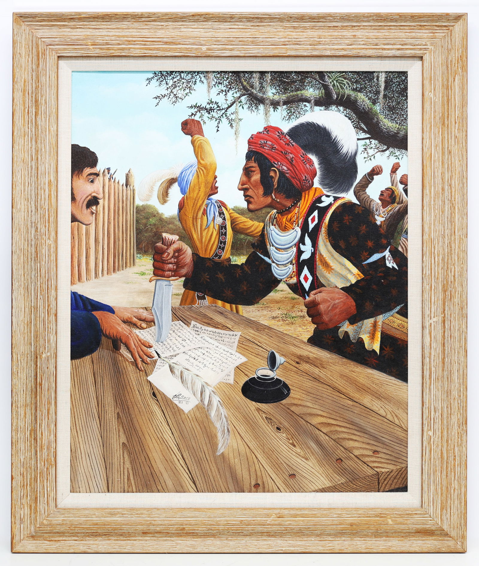 LaBree '82, Native American, Osceola "Never Is When I Will Surrender", Oil On Canvas: Artist, Year, Title: LaBree Native American Artist, Osceola: “Never Is When I Will Surrender”, 1982.Origin: United StatesMedium: Oil on canvas.Dimensions: 32 × 38 in. with frame; 28 × 30