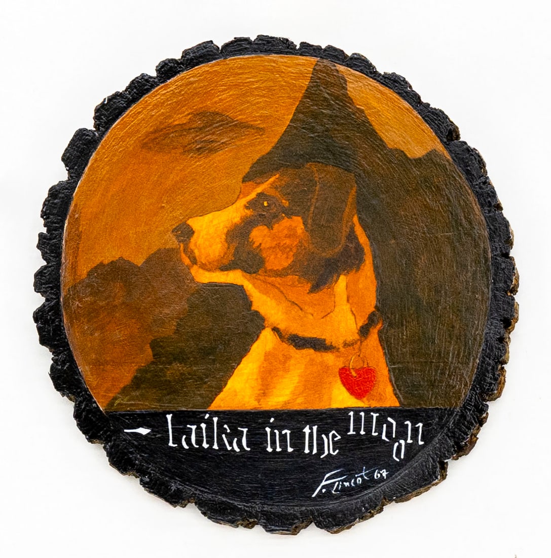 Fred Lincot (American, 1967), Laika in the Moon, Oil on Board Painting: Artist, Year, Title: Fred Lincot (American, 20th Century), Laika in the MoonOrigin: United StatesMedium: Oil on woodDimensions: Diameter 10.5"Provenance: Private collection, United StatesAdditional