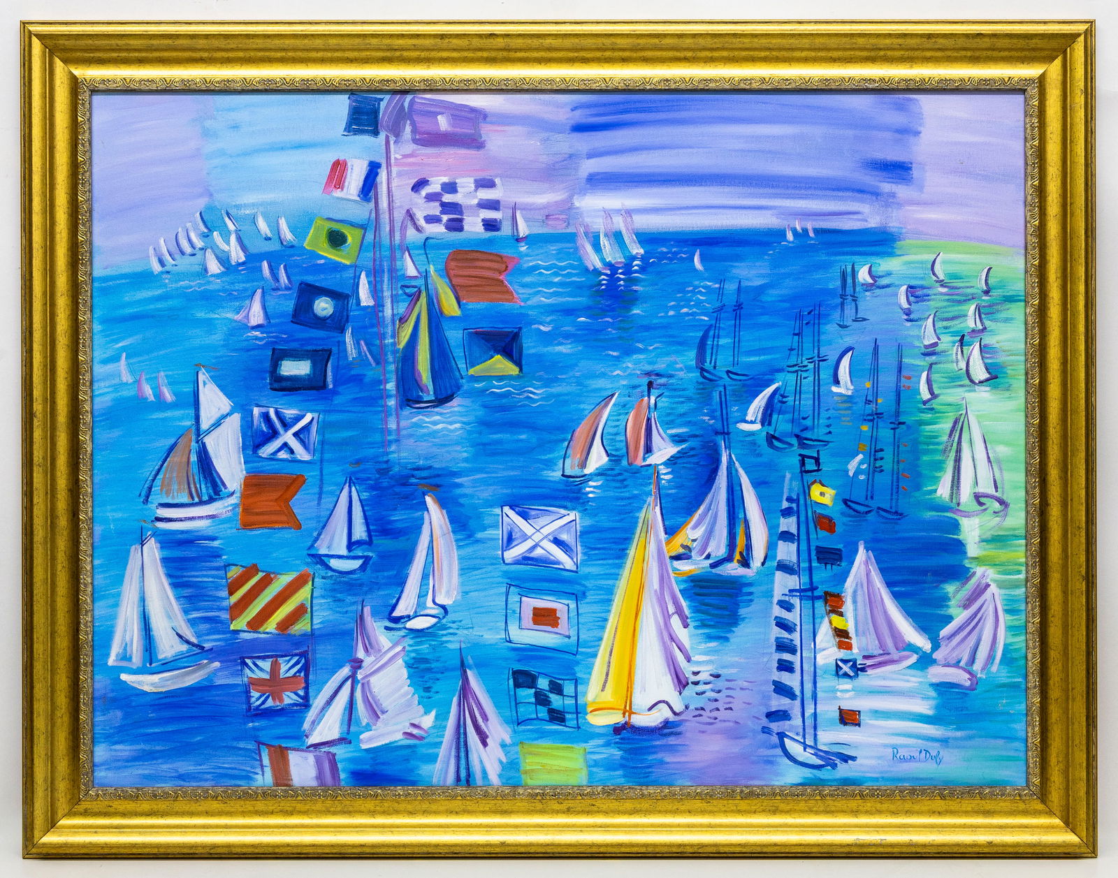 Attr to Raoul Dufy (French, 1877-1953), Regatta with Signal Flags, Oil on Canvas Painting: Artist, Year, Title: Attributed to Raoul Dufy (French, 1877–1953), Regatta with Signal Flags, mid–20th centuryMedium: Oil on canvasDimensions: Framed 45" x 36"Provenance: Private collection,