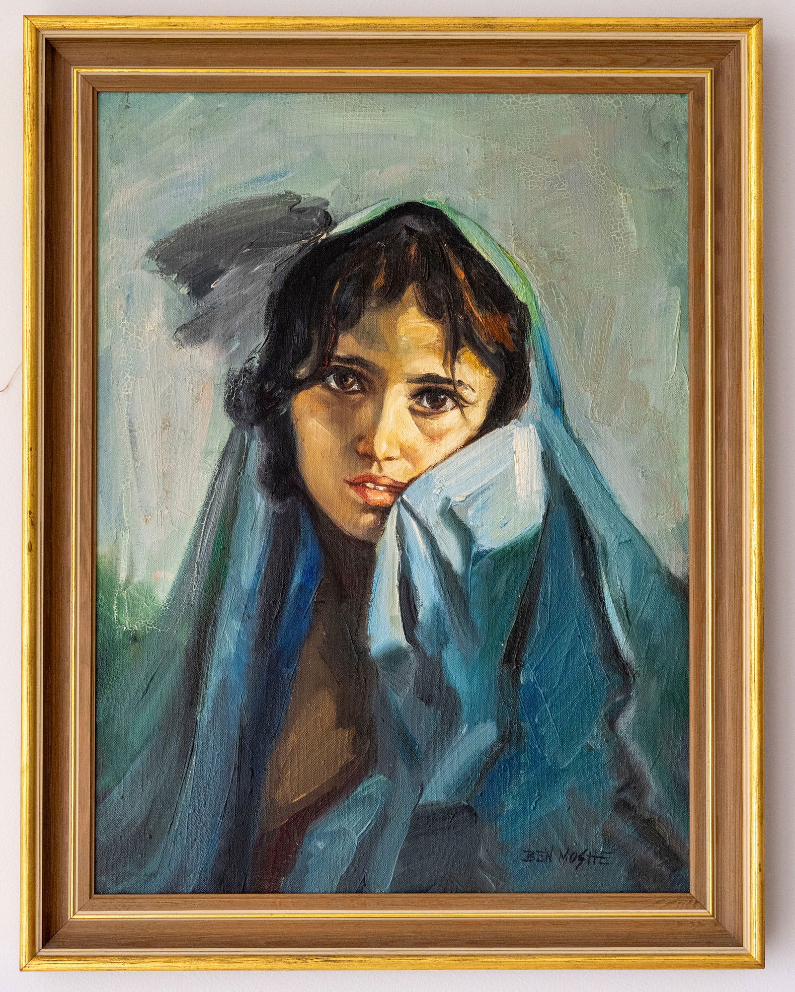 Eitan Ben-Moshe (Israel, b. 1948), Portrait of a Girl, Oil on Canvas: Artist, Year, Title: Eitan Ben-Moshe (b. 1948), Portrait of a Girl Origin: Israel Medium: Oil on canvas Dimensions: 21 × 27 in. (with frame) | 22.5 × 16.5 in. (w