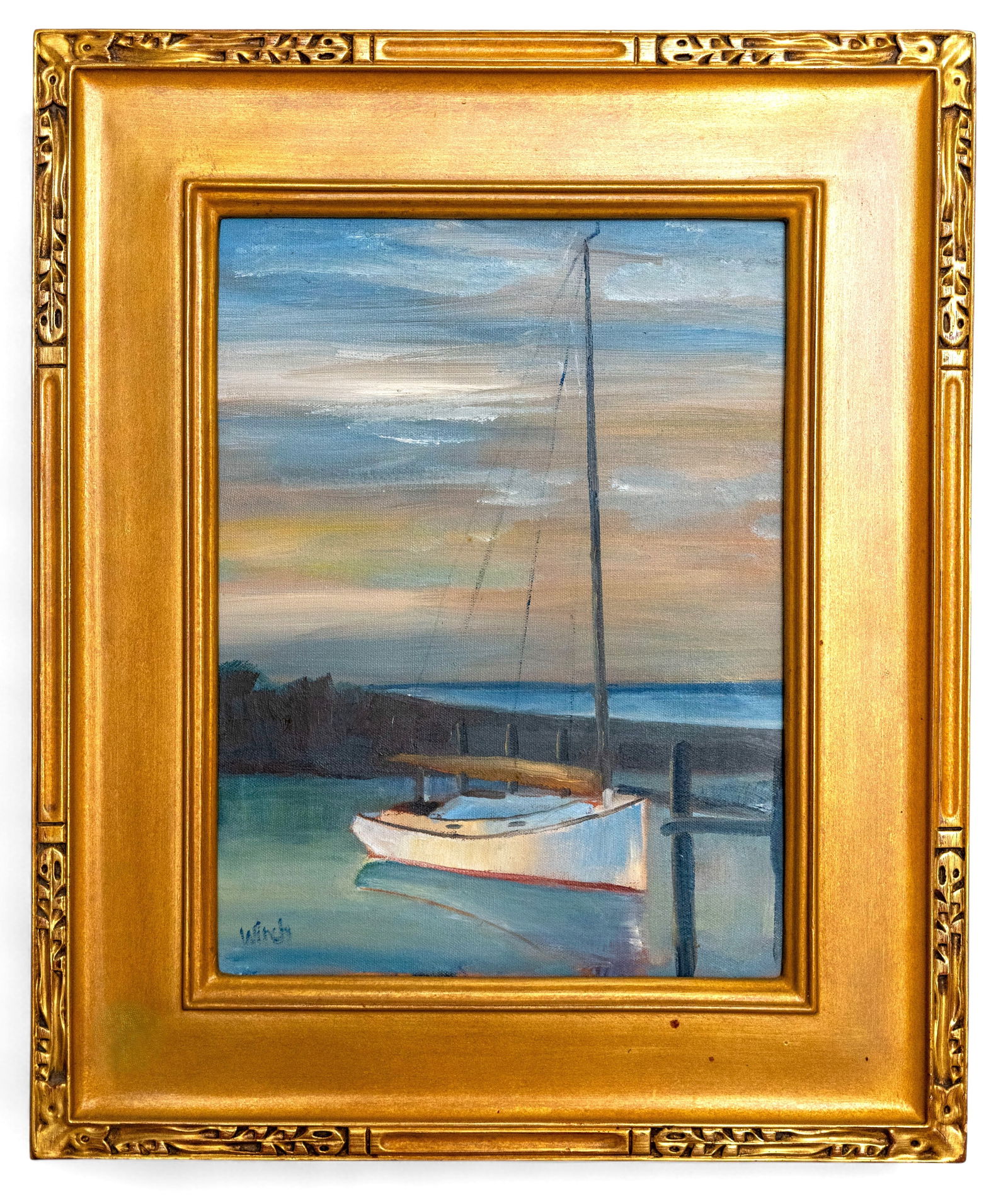 Sign "Winch", Sailboat at the Dock, Oil on Canvas Painting (1 of 4)