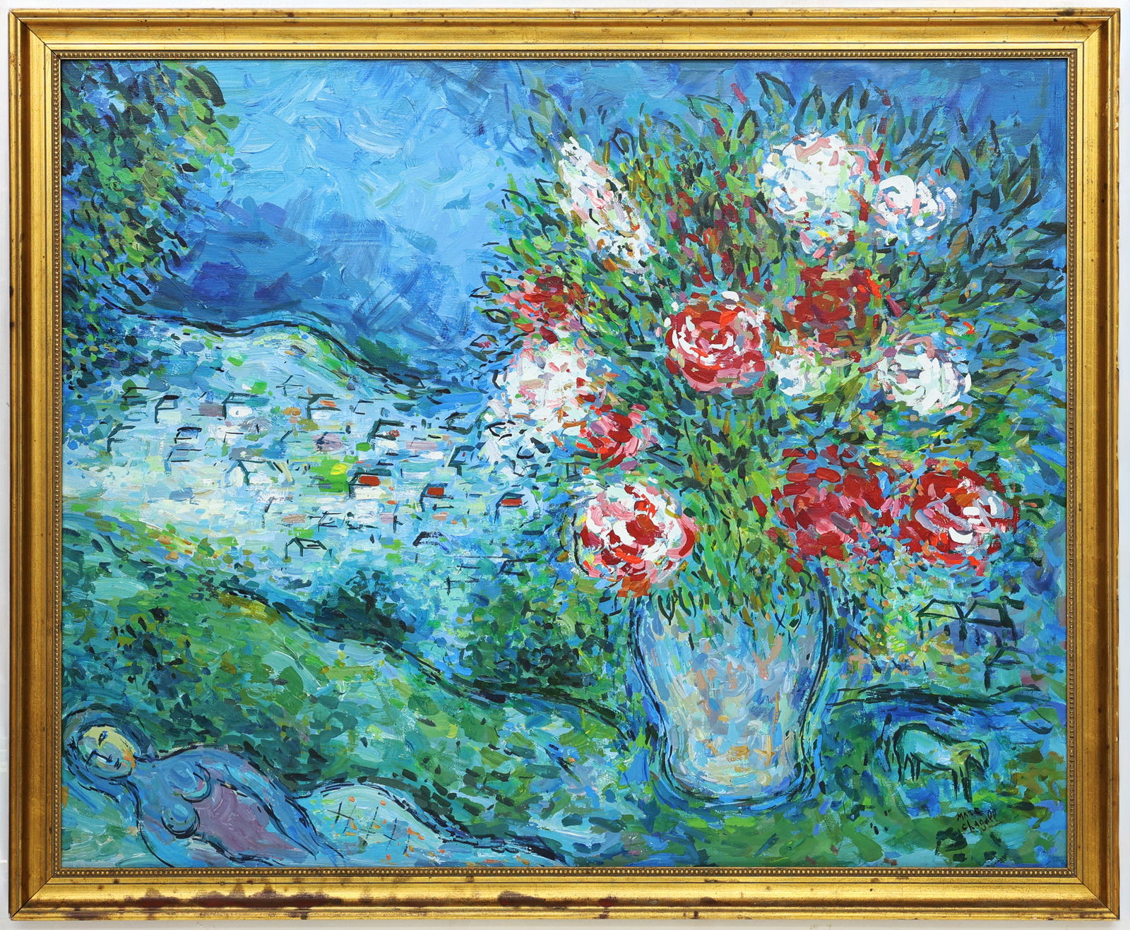 Attr to Marc Chagall (1887-1985), Les Fleurs sur Saint-Jeannet, Oil on Canvas: Artist, Year, Title: Attr to Marc Chagall (1887–1985), Les Fleurs sur Saint-Jeannet (Flowers over Saint-Jeannet), mid–late 20th century. Origin: France (in the manner of works inspired by Chagall�