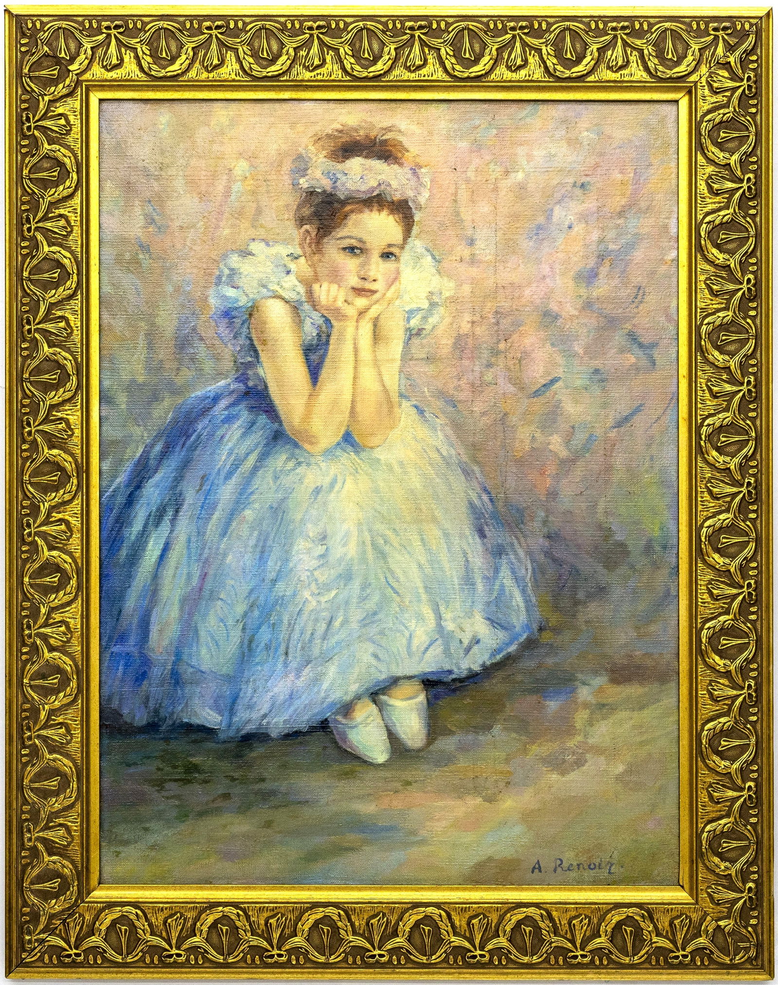 European Painting Signed A. Renoir, Oil on Canvas Painting: Artist, Year, Title: European Painting Signed A. Renoir "Seated Ballerina" Period: Late 19th–early 20th century, Impressionist period Medium: Oil on canvas, presented in an ornat
