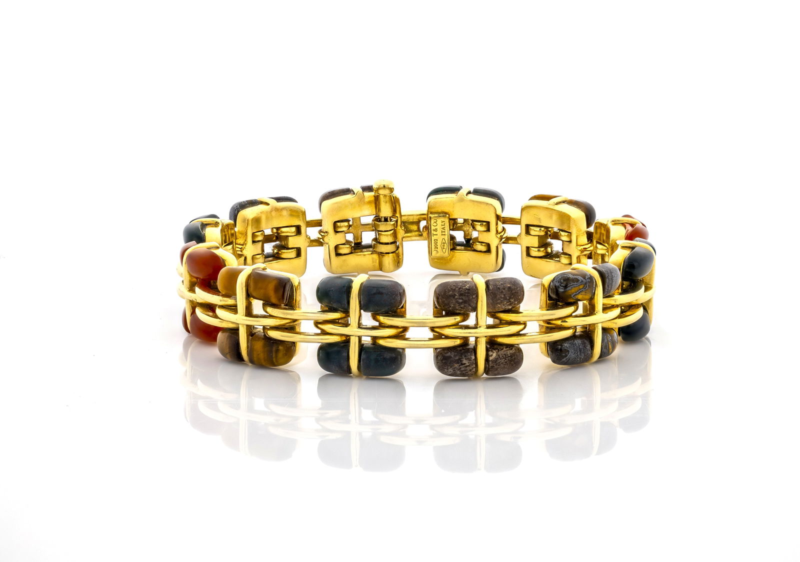 Tiffany & Co. Biscayne 18K Yellow Gold Hardstone Bracelet 2002: Title: Tiffany & Co. Biscayne 18K Yellow Gold Hardstone Bracelet Year: 2002 Metal: 18K Yellow Gold Gemstones: Multi-gemstone beads (hardstones jasper, carnelian,