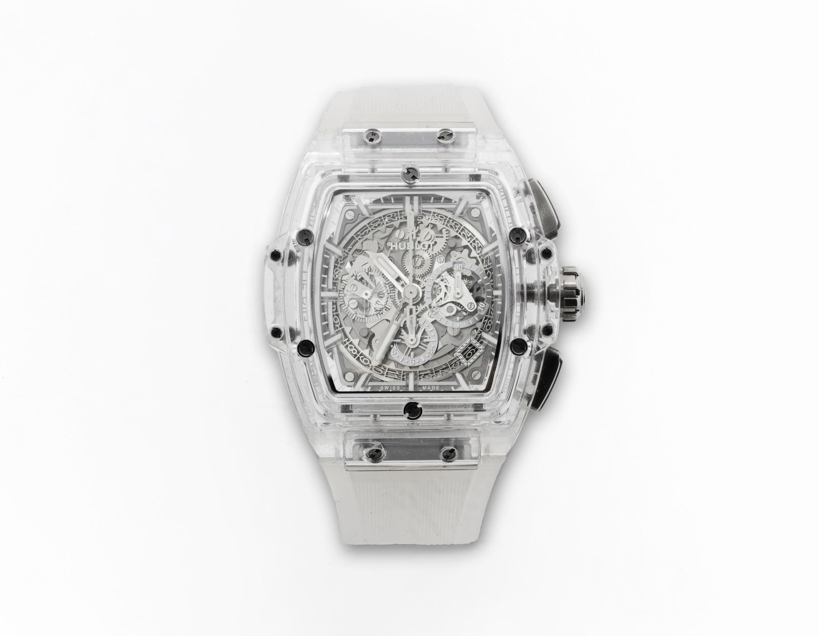 Hublot Spirit of Big Bang Sapphire Watch 42 mm Skeleton Dial White Lined Rubber Strap Ltd.: Brand: Hublot Model: Spirit of Big Bang Sapphire Reference Number: 641.JX.0120.RT Edition: Limited Edition (200 pieces) Country/Region of Manufactu