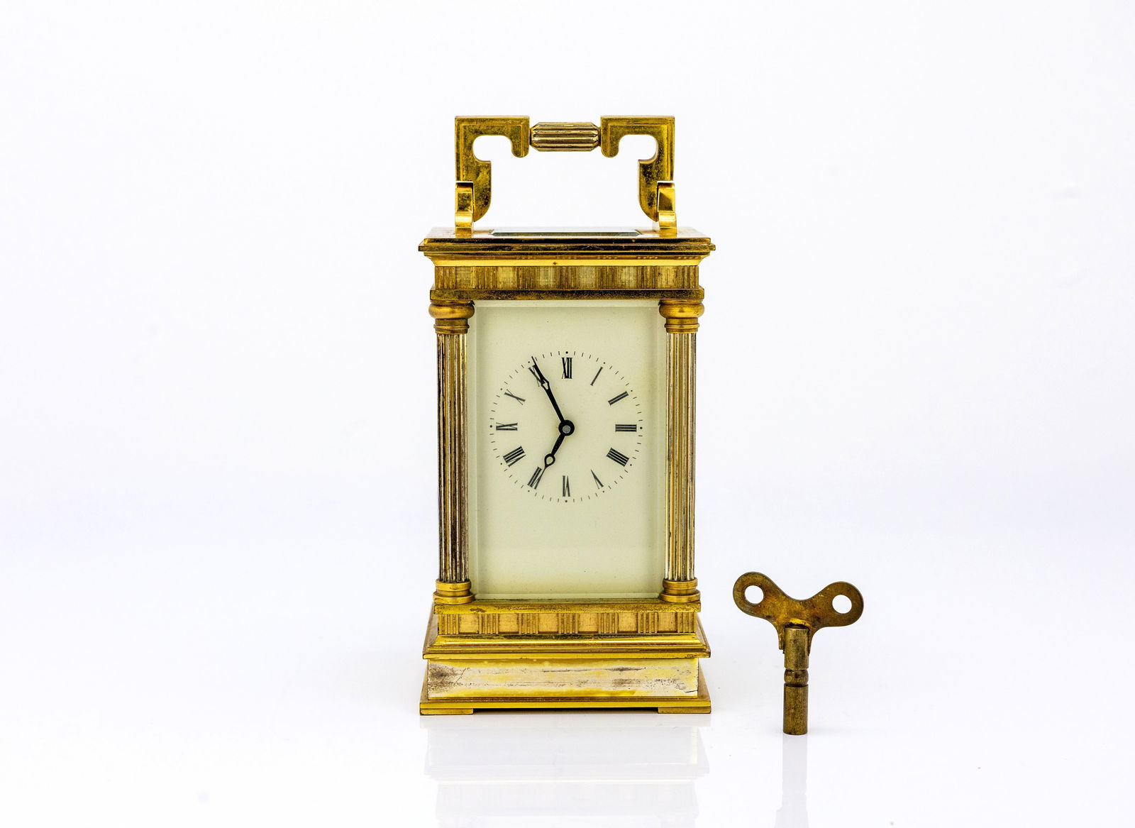 French Gilt Brass Carriage Clock by L'Epee, 20th Century: Title: French Gilt Brass Carriage Clock by L’Epée, 11-Jewel Movement, 20th Century Origin, Year: France, mid–20th century Material: Gilt brass case, beveled glass panels, enamel dial</