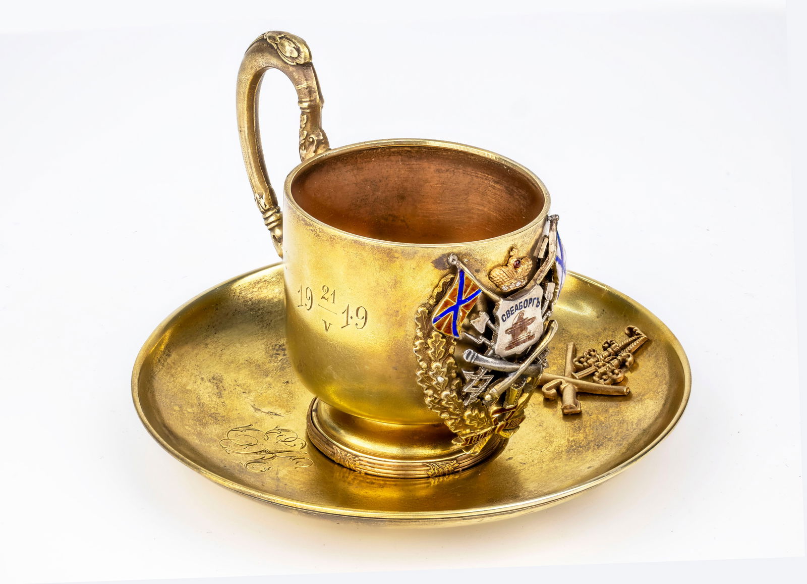 Russian Antique Russian Faberge Era Gilt Silver & Enamel Cup and Saucer: Title: Imperial Russian Fabergé Era Gilt Silver and Enamel Naval Presentation Cup and Saucer Date: Dated 21.V.1919 (May 21, 1919) Dimensions: Cup: approx. 3 x 5 in (7.6 x 12.7 c