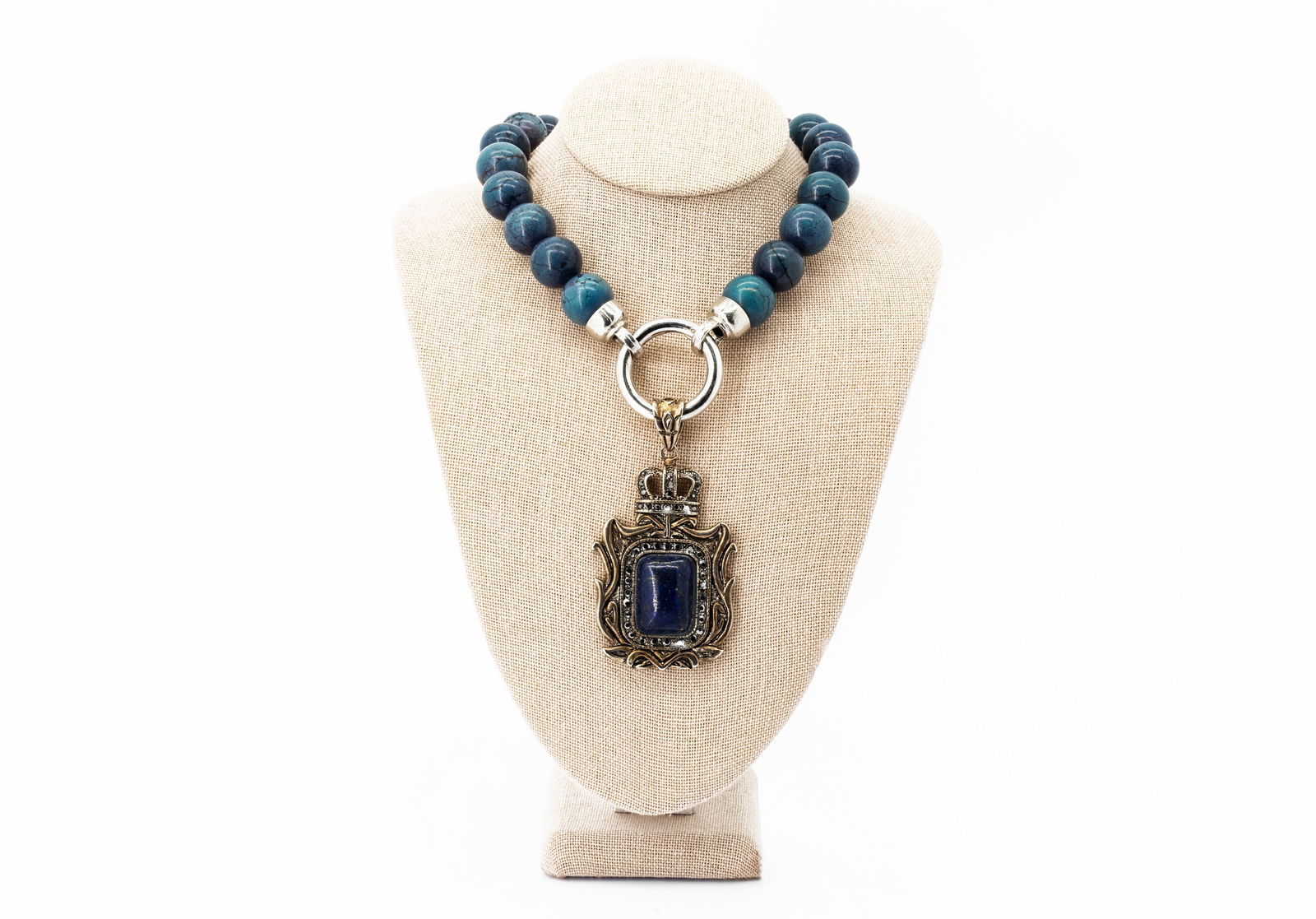 Beaded Necklace with Lapis Lazuli Pendant: Title: Beaded Necklace with Lapis Lazuli PendantDimensions: Necklace length: 19 in, Pendant length: 2.5 inMaterial: Beads, lapis lazuli, metal fittingsDescription: Beaded necklace measuring