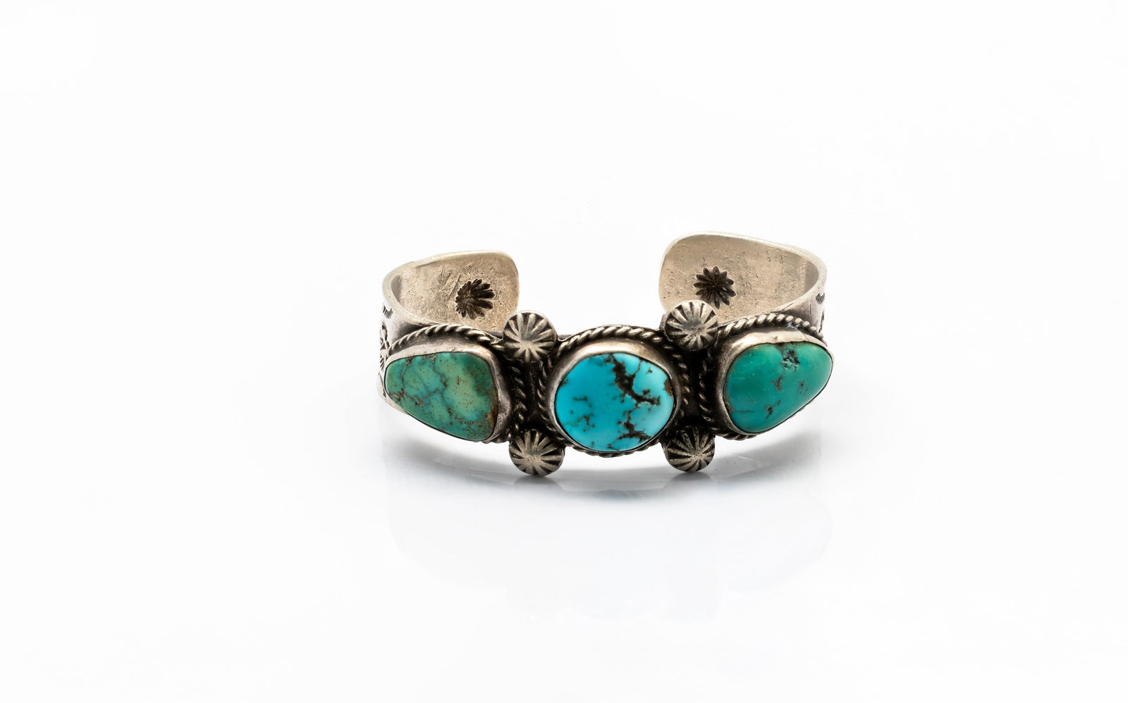 Navajo Silver Cuff Bracelet with Turquoise 3 Stones (1 of 5)