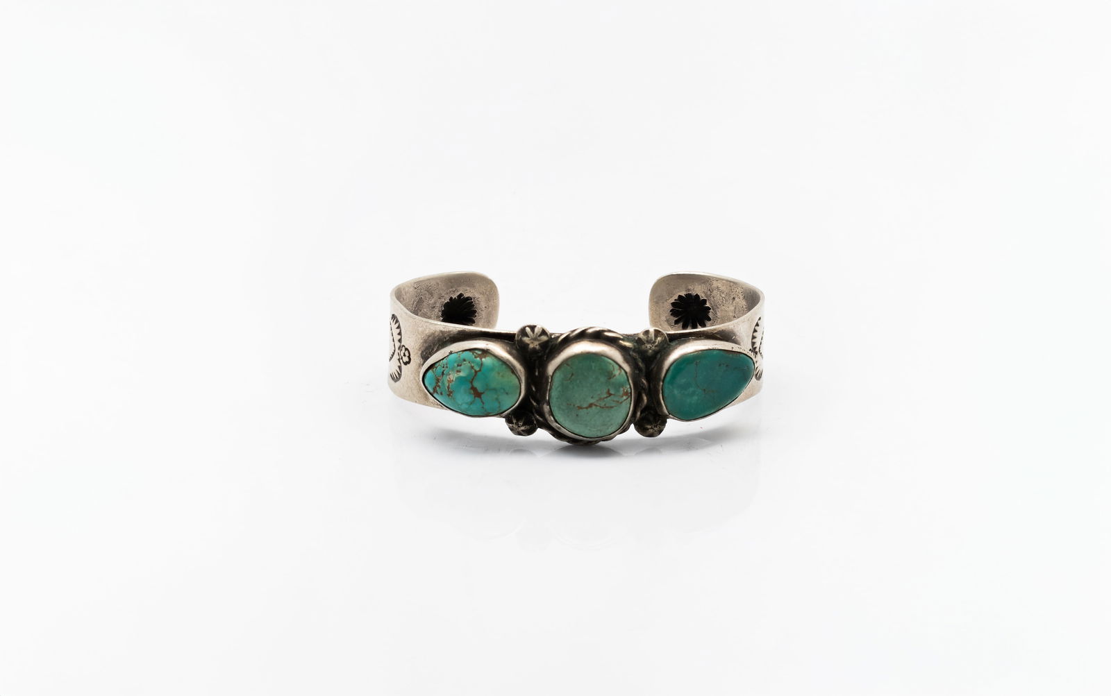 Navajo Silver Cuff Bracelet with Turquoise Three Stones (1 of 3)