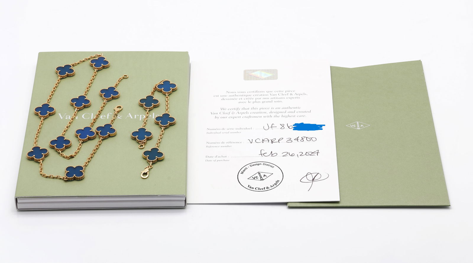 Van Cleef & Arpels Alhambra Necklace 10 motifs and Bracelet 5 motif Set, Agate: Title: Van Cleef & Arpels Alhambra Necklace 10 motifs and Bracelet 5 motif Set, Agate Origin: France Material: 18K (750) yellow gold, agate Dimensions: Necklace